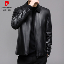 Pierre Cardin sheep leather mens leather jacket tide Haining lapel soft leather jacket autumn and winter mens