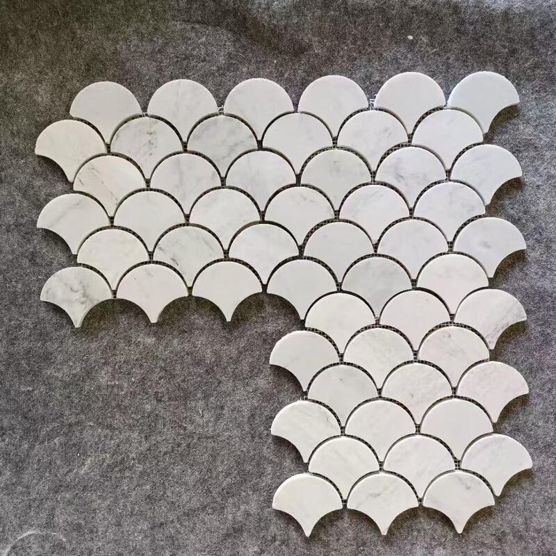 Natural Stone Wall Stickers Balcony Marble Carrara White Fan-Shaped Fish Scale Puzzle Art Tiles Shower Room
