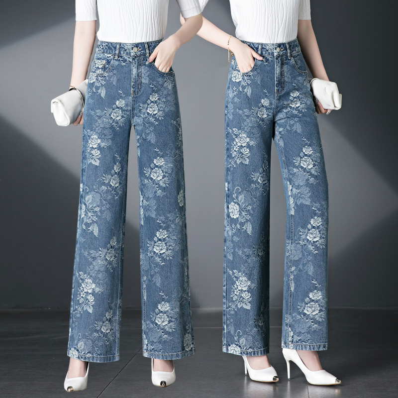 Rose Floral Jacquard Wide-Leg Jeans for Women, New 2026 Spring High-Waisted Slimming Plus-Size Loose Straight Pants