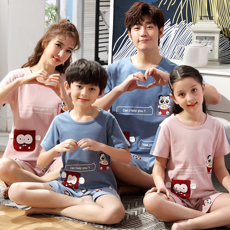 Summer parent-child sleepwear short sleeve pure cotton Children lovers' home The mother and son family of three-four-mouth family dress