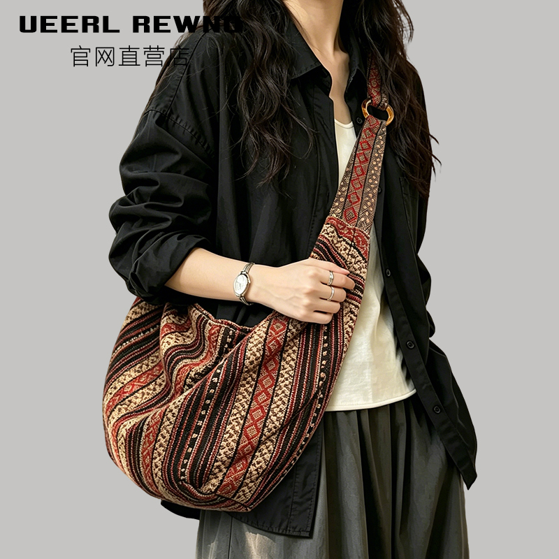 Ueerl Rewnvo Ethnic Style Canvas Crossbody Bag 2026 New Bohemian Large Capacity Commuter Large Shoulder Bag