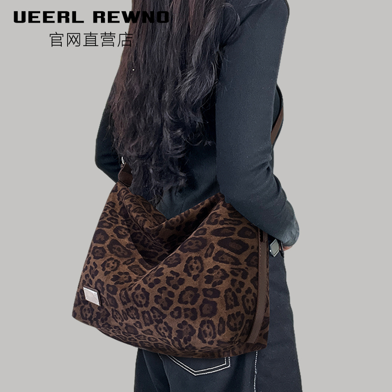 Ueerl Rewnvo Suede Leopard Print Tote Bag for Women 2026 New Large Capacity Commuter Retro Leopard Print Crossbody Bag