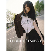  HNBIGLEE basic summer reverse letter penetration watermark slogan Linen cotton blended short-sleeved T-shirt women