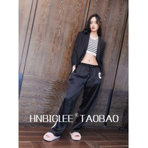 HNBIGLEE casual wear ~ Contrast patch embroidery elastic waist lace-up silk viscose casual trousers for women