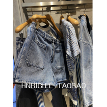  HNBIGLEE handmade all-match hoarding~Old washed color tooling double pocket high waist thin wide leg denim shorts