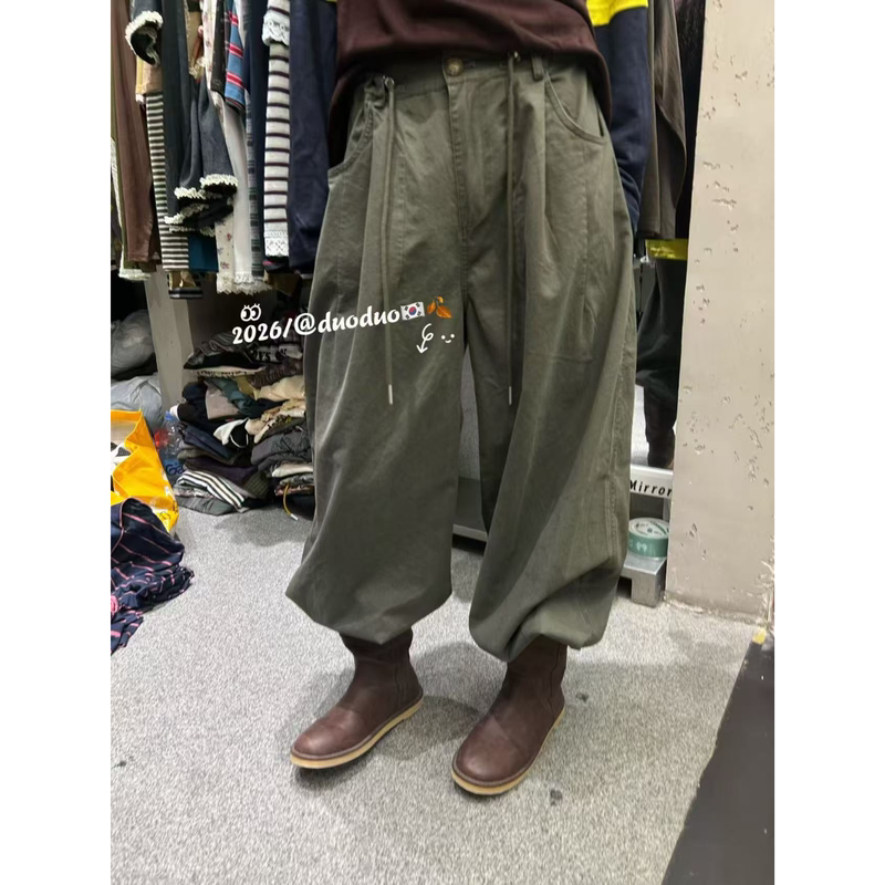Duoduo Simple Solid Color Drawstring Adjustable Waist Cargo Pants Women's Loose Versatile Wide-Leg Drawstring Casual Pants