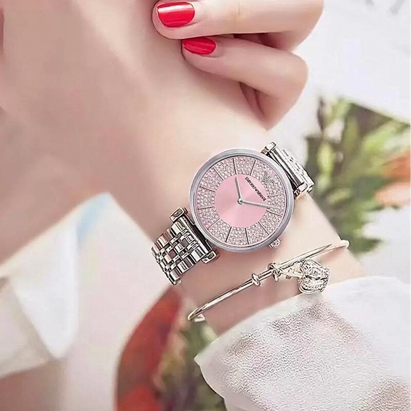 Armani Fashion Diamond-Encrusted Business Versatile Watch Pink Starry Sky Ar11686 Gift for Girls
