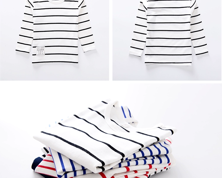 Trẻ em vừa và nhỏ mùa xuân mới áo thun dài tay nam và nữ trẻ em cotton sọc cổ tròn áo thun đáy quần áo trẻ em Áo phông