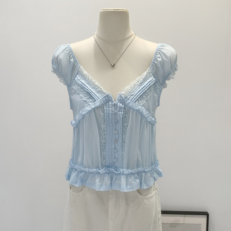 Super Trendy Unique Lace V-Neck Chiffon Short-Sleeve T-Shirt for Women, Summer 2026 New Style, Backless Tie-Up Ruffle Top