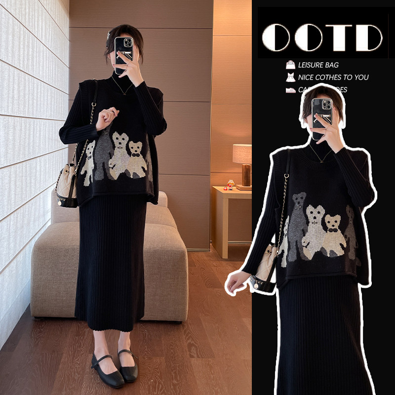 Pregnant woman autumn winter clothing online red gestation woman dress Korean version of sweater dress with dress Machia suit fashion two sets of leant-style spring clothes-Taobao
