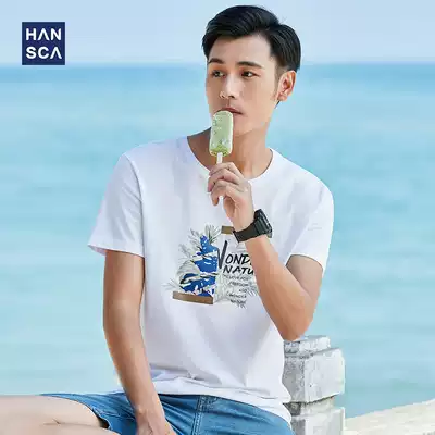 Hanska summer new pure cotton short-sleeved t-shirt men's round neck white personality printing pattern Korean loose half sleeve