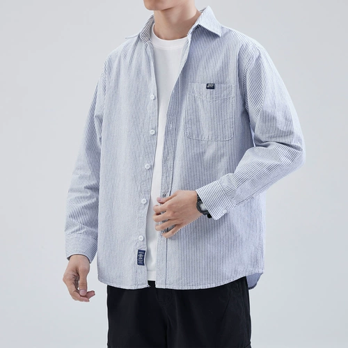 Демисезонная японская хлопковая синяя рубашка, изысканный стиль