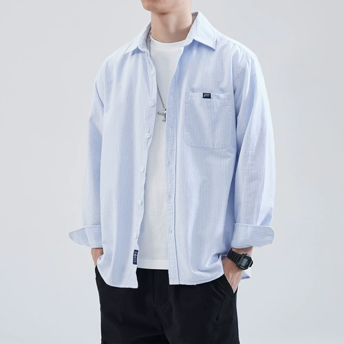 Демисезонная японская хлопковая синяя рубашка, изысканный стиль