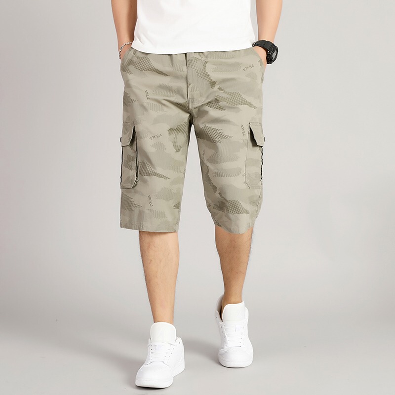 Men's Camouflage Cropped Pants, Loose Straight-Leg Casual Shorts, Summer Plus-Size Camouflage Work Pants, Pure Cotton Cropped Pants