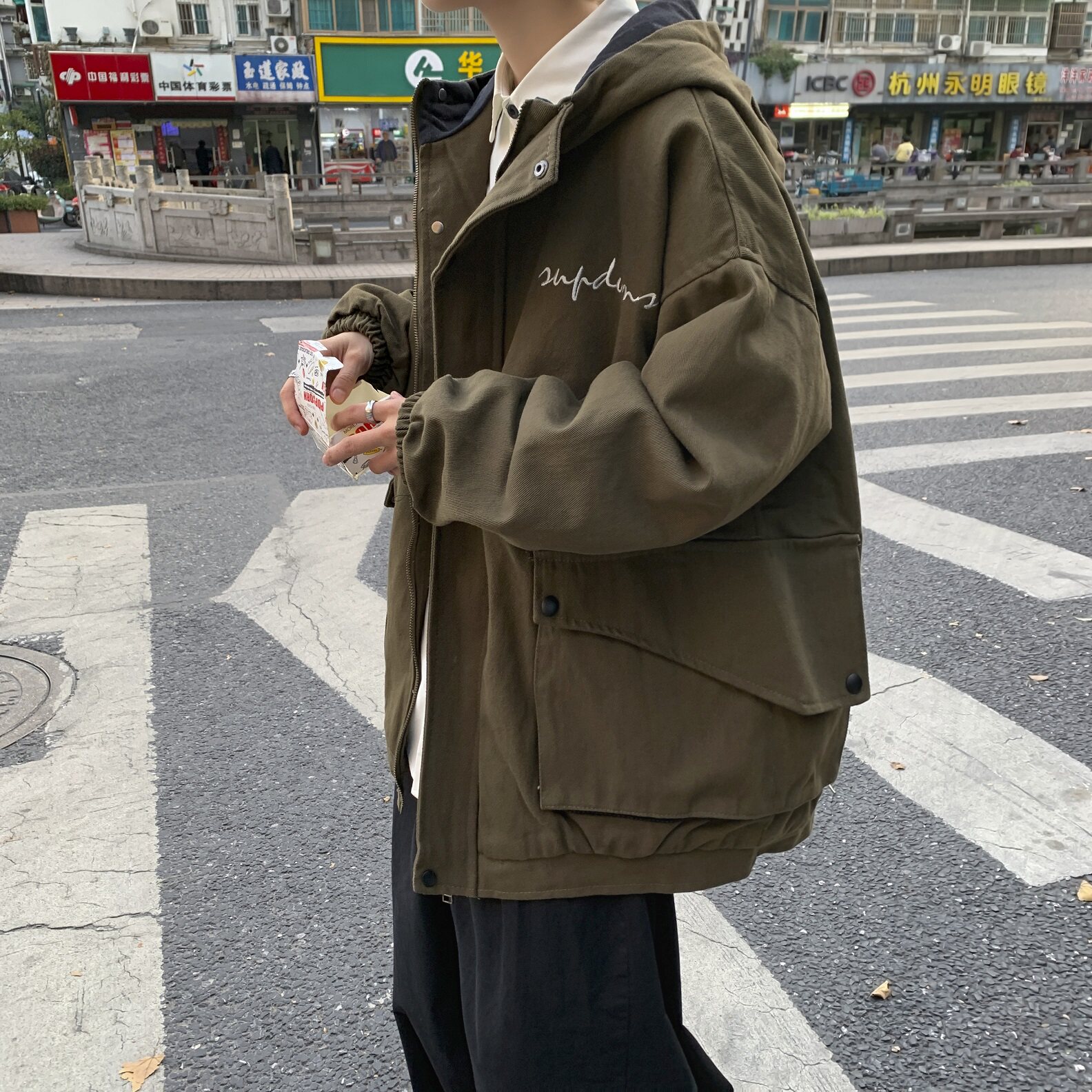 冬季连帽夹克男潮流夹克男绣花港风加棉棉衣/85