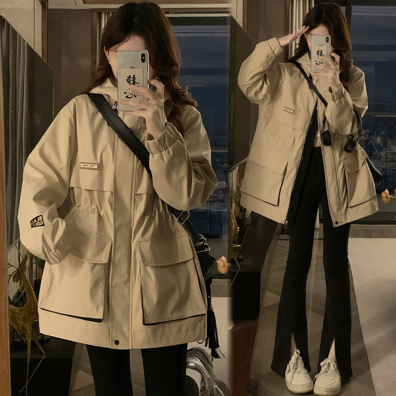 Plus-Size Women's Trench Coat, New Spring/Autumn Style, Loose Fit for Curvy Women, 100kg Waist-Cinching Slimming Hooded Mid-Length Windbreaker