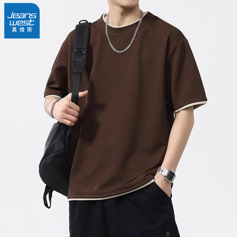 Jeanswest Heavyweight Waffle Knit Short-Sleeve T-Shirt for Men, Summer Thin Style, 2026 New Trendy Brand, Loose Fit, Fake Two-Piece Top