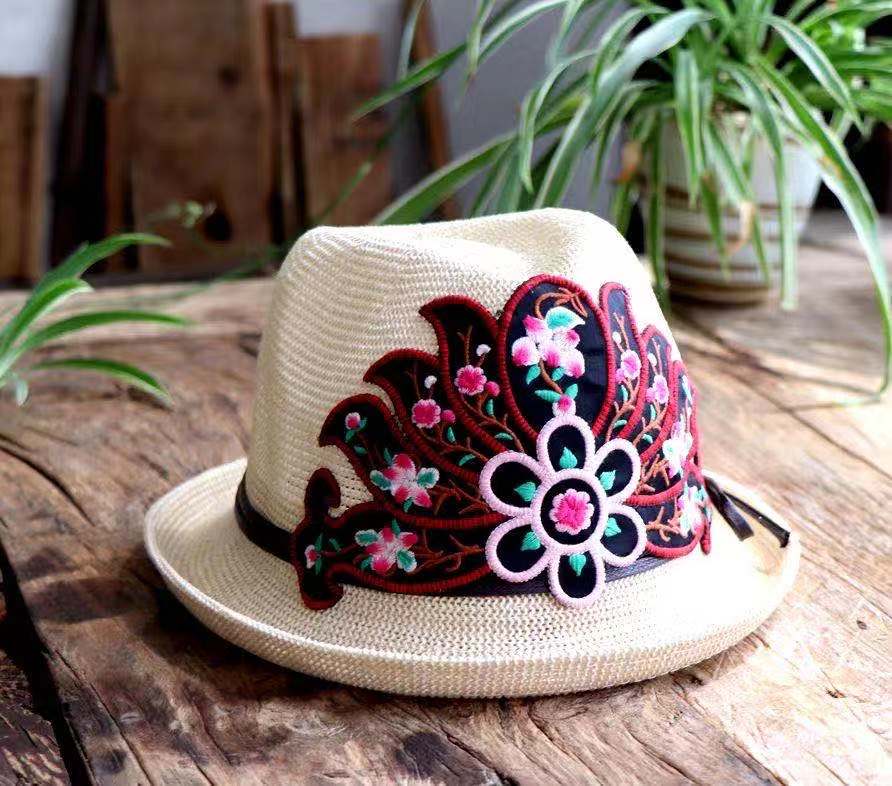 Ethnic style embroidered beach hat Spring and summer straw hat women's basin hat topper Wild flat top hat Sunscreen spring and summer sun hat