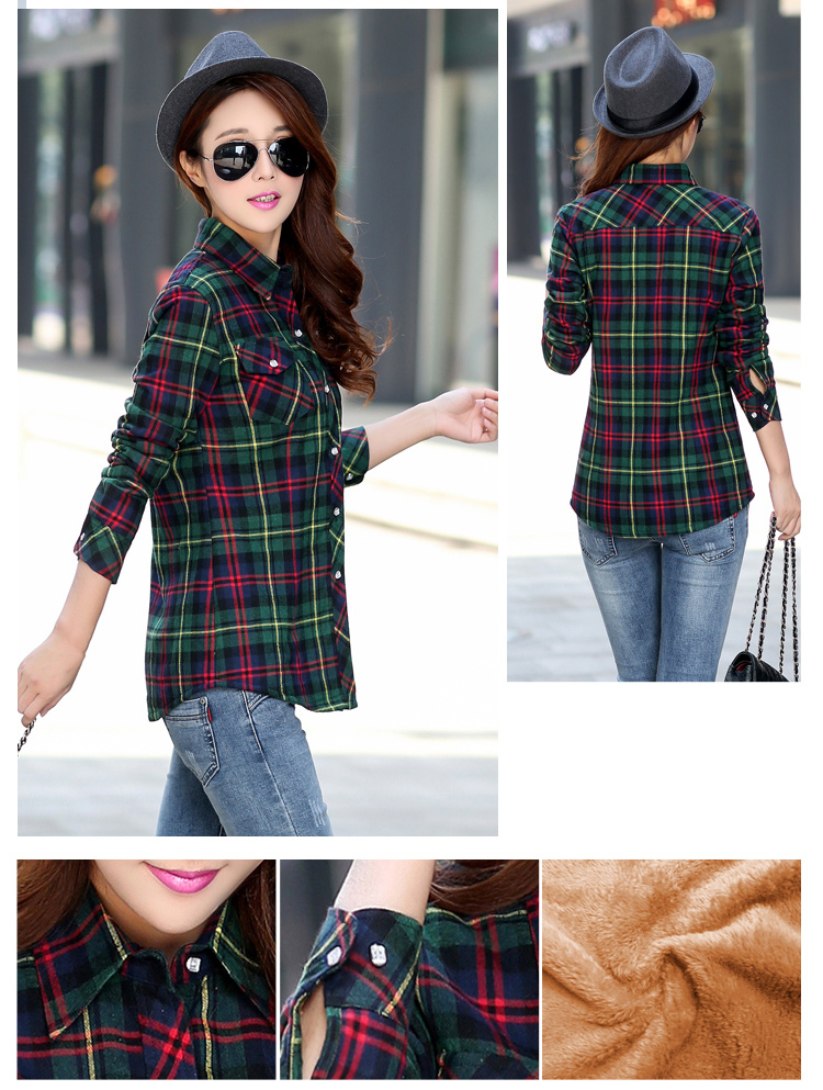 Áo sơ mi nữ mùa đông Plus Plus nhung dài tay nữ dày áo khoác cotton dày kẻ sọc áo sơ mi dài tay áo sơ mi nữ form rộng dáng dài