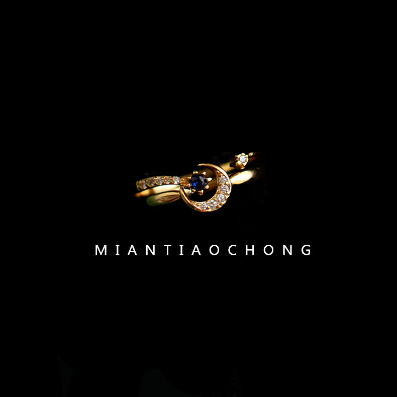Cotton strip worm delicate pure silver 925 plated 18k bag gold moon blue zircons stone French style elegant chic female ring ring