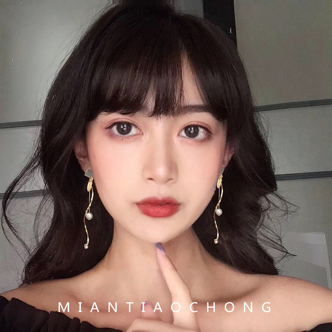 Cotton strip worm rhomboid geometric sensible slim personality long version wave pearl S925 silver needle earring female earring ear clip