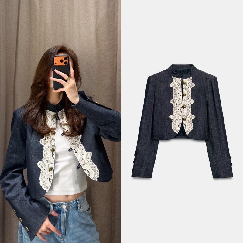 Za's 2026 Autumn New Women's Long-Sleeved Stand-Up Collar Shoulder Pad Lace Splicing Napoleon Short Jacket 7932576 Za's 2026 Autumn New Women's Long-Sleeved Stand-Up Collar Shoulder Pad Lace Splicing Napoleon Short Jacket 7932576
