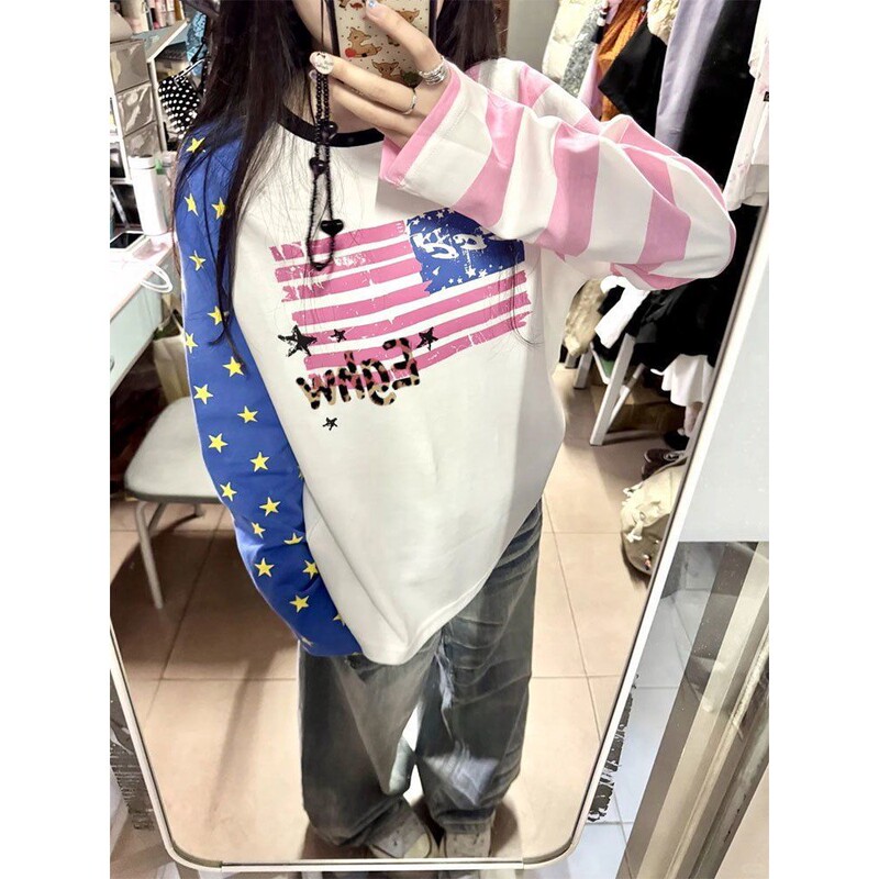 American Retro High Street Printed Raglan Long-Sleeve T-Shirt for Women, Loose Design, Niche Children's Spring and Autumn Clothing Top