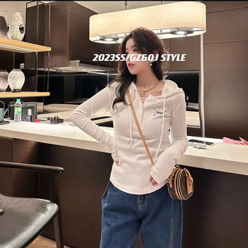 Large size hooded long-sleeved T-shirt women's 2023 early spring new fashion all-match bottoming shirt pure desire wind short top tide