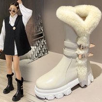 2021 Winter tube plus velvet warm snow boots women waterproof table leather rabbit hair big cotton boots pine cake thick soled short boots