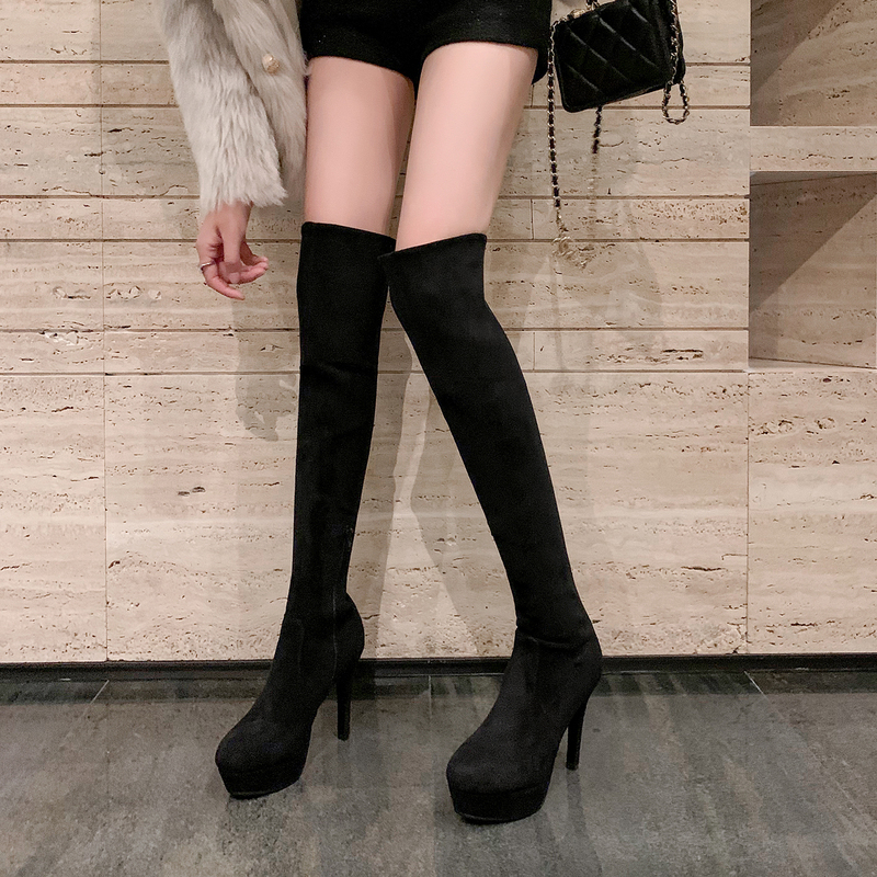 Xiaoyou~ High-Heeled Over-The-Knee Boots for Women 2026 New Style Suede Stiletto Waterproof Platform Large Circumference Elastic Long Boots