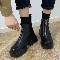 European station autumn and winter knitted thick-soled short boots female 2021 English style front zipper slim socks boots muffin Chelsea boots