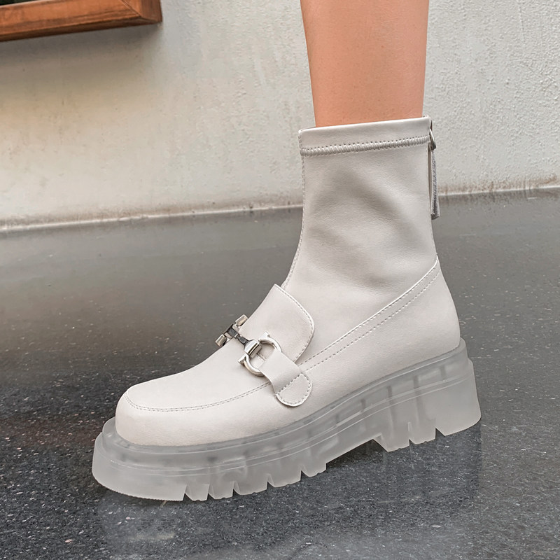 Jelly Bottom Thick Bottom Elastic Boots Woman 2022 Autumn Winter Genuine Leather Loose boots Inn Wind Fashion Boots 100 Lap Slim Boots