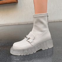 Jelly bottom thick bottom stretch boots female 2021 autumn winter leather muffin boots English style fashion boots Joker slim boots