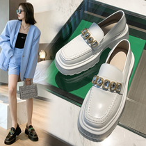 Lofu shoes womens leather one-pedal lazy shoes 2021 New rhinestone thickness pine cake shoes casual versatile single shoes