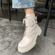 Beige thick-soled Martin boots female 2021 autumn and winter leather lace-up side zipper thick heel short boots Joker locomotive boots tide