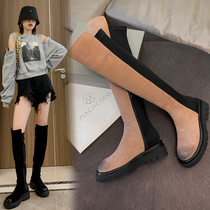 Flat over-the-knee boots female 2021 autumn and winter new leather elastic boots thick-soled muffin boots Joker thin high boots