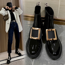 Rhinestone square buckle leather boots Womens inner height patent leather Martin boots English autumn and winter single boots flat Chelsea boots