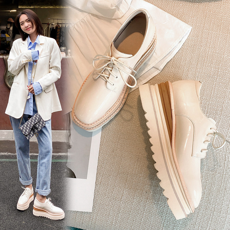 Inglées Thick Bottom Pine Pastry Shoes Women 2022 Spring Autumn New Genuine Leather Slopes Heel Shoes 100 Hitch Casual Lacing Square Head Shoes