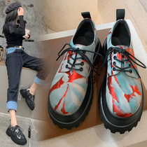 Shine shoes womens thick bottom 2021 New British style printed leather shoes Joker retro high heel casual shoes