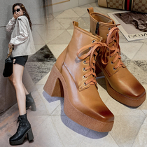 Autumn and winter 2021 new leather thick heel retro boots high heel waterproof table Martin boots female English style European and American trendy shoes