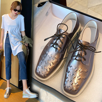Square head thick-soled shoes womens leather 2021 New lace-up versatile single shoes British style increased casual muffin shoes