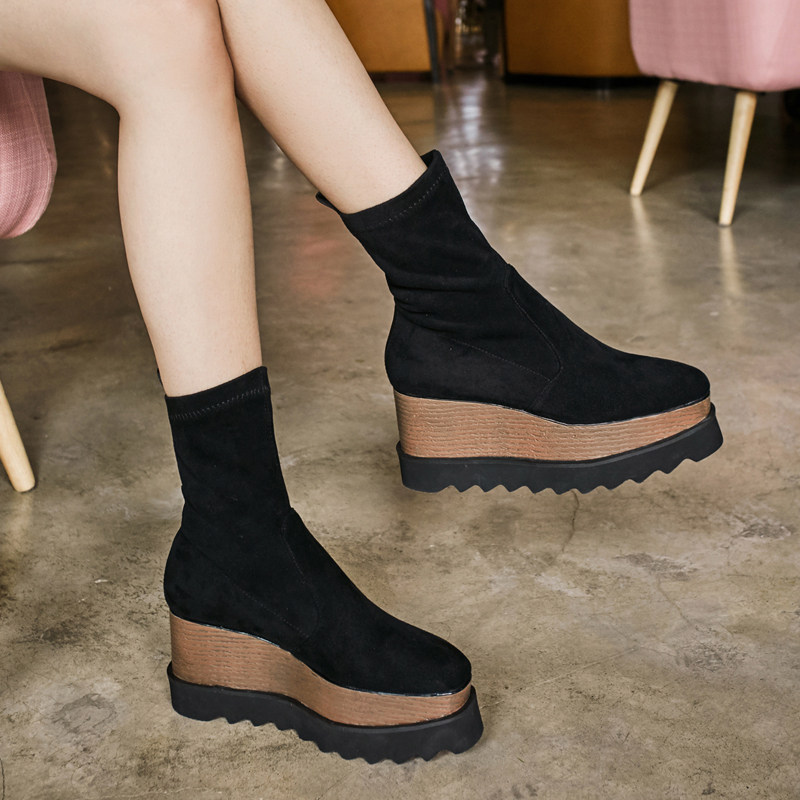 Thick-soled elastic boots women's 2023 autumn and winter new all-match high-heeled short boots square toe wedge heel thin leg socks boots Martin boots