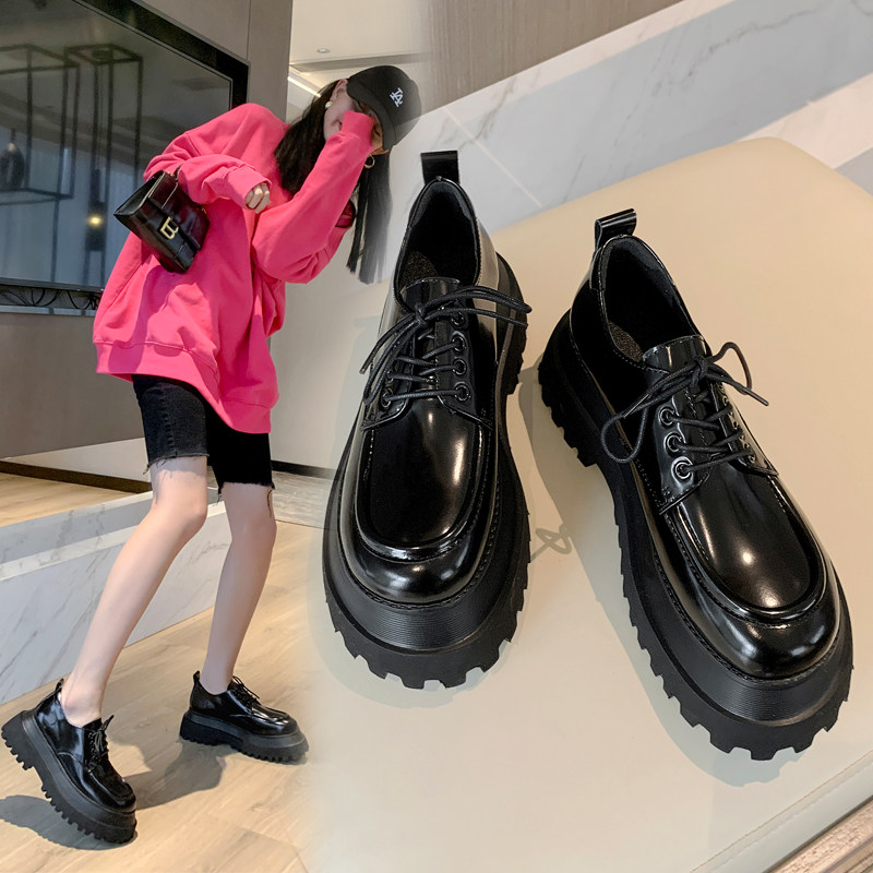 Yingren Wind Small Leather Shoes Women's Thick Bottom 2022 Spring Autumn Genuine Leather Lacing Pine Pastry Shoes 100 Hitch High Heel College Wind Single Shoe Tide