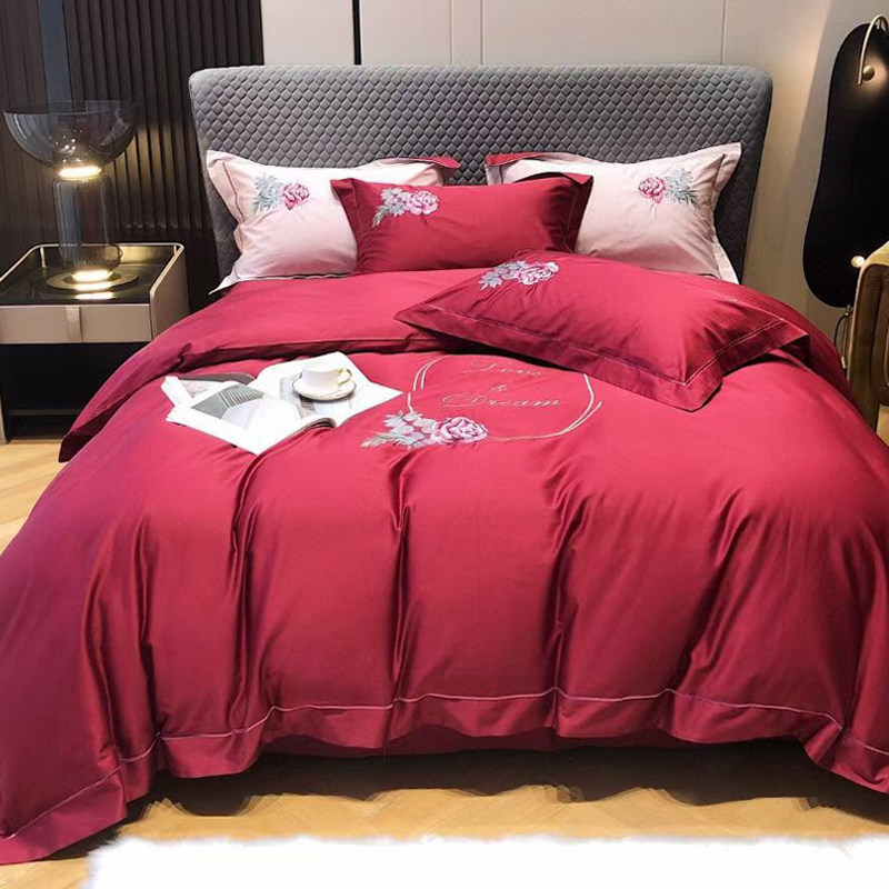 High-end large red wedding kit 100 full cotton embroidered with four sets of sleeves fine and smooth pure cotton bed