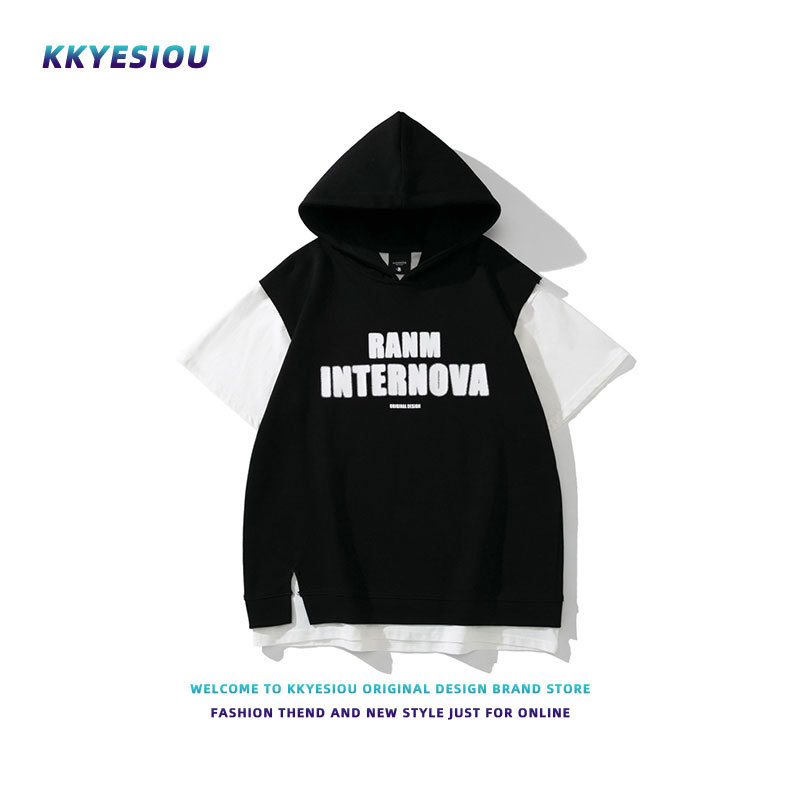 Kkyesiou American Retro Trendy Brand Hooded Fake Two-Piece Short-Sleeve T-Shirt for Men, Versatile Casual Sweatshirt Top