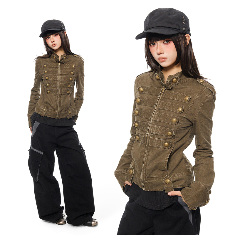 K787 Metal Napoleon Modern American Style Ribbed Button Washed Vintage Workwear Jacket Unisex Short Coat K787 Metal Napoleon Modern American Style Ribbed Button Washed Vintage Workwear Jacket Unisex Short Coat