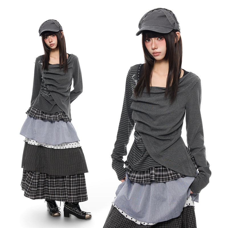 K787 Ruched Swing Collar Subculture Striped Patchwork Asymmetrical Short Top Women's Layered Patchwork Y2K Long Sleeve T-Shirt