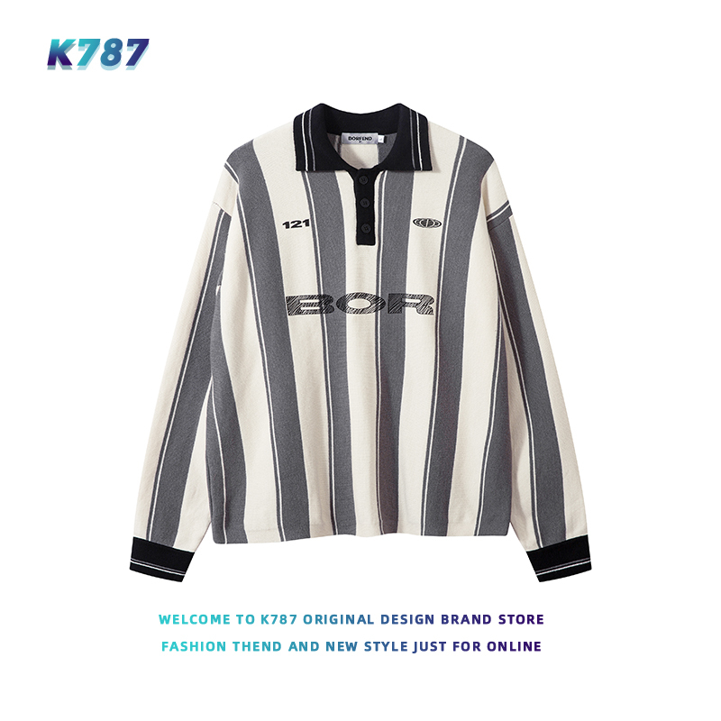 K787 Chinese-Style American Retro Striped Blokecore Jersey Knit Sweater Unisex Sports Collar Couple Sweater