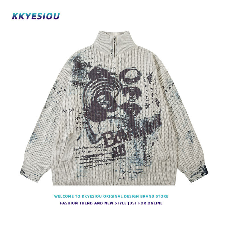Kkyesiou American Retro Trendy Brand Letter Graffiti Stand-Up Collar Knitwear for Men and Women Hip-Hop Graffiti Cool Sweater