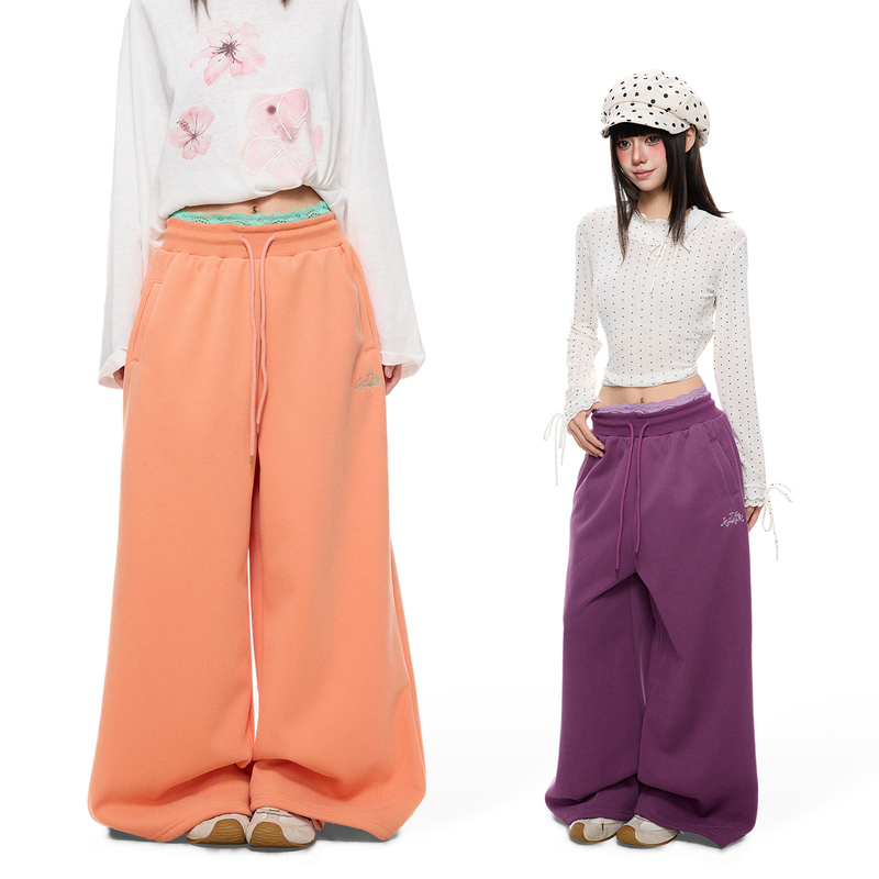 K787 Floral Double Waistband American Retro Candy Color Casual Scimitar Pants Women's Lace Splicing Wide-Leg Trousers